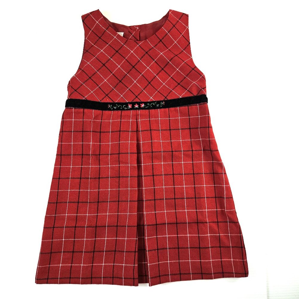 OshKosh Dress Girls 5 Red Plaid Sleeveless Velvet Floral Trim Holiday Party